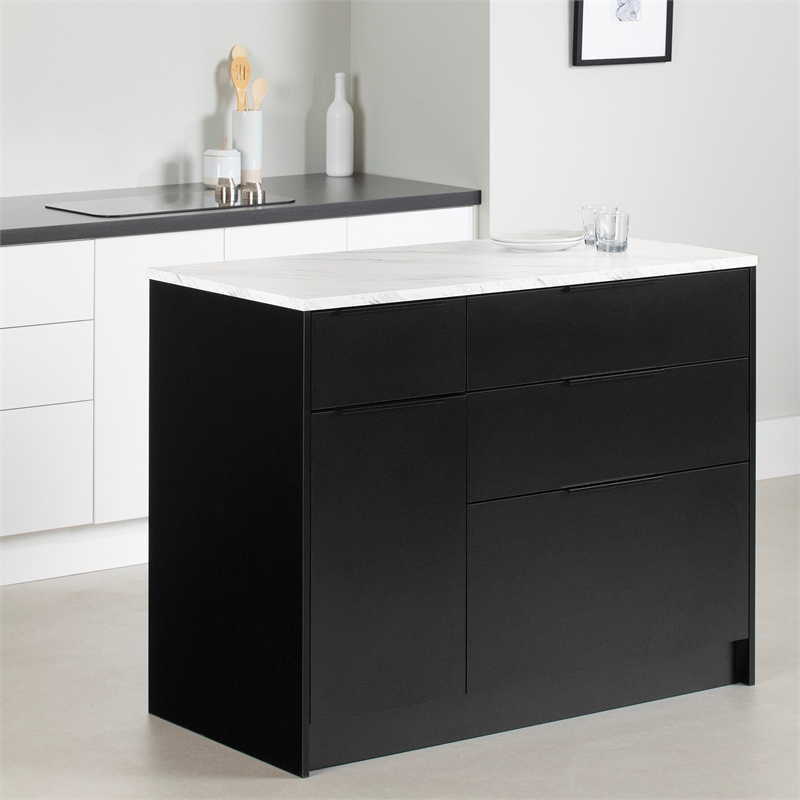 South Shore Olio Kitchen Island with Door Black and Faux White Marble