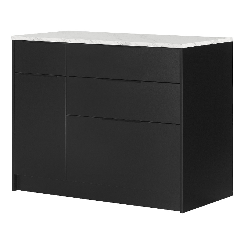 South Shore Olio Kitchen Island with Door Black and Faux White Marble