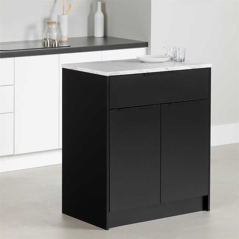 South Shore Olio Compac Kitchen Island with Storage Black and Faux White Marble