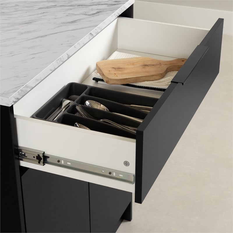 South Shore Olio Compac Kitchen Island with Storage Black and Faux White Marble