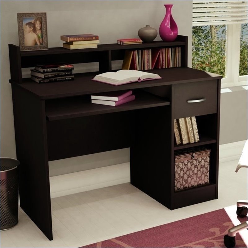 South Shore Axess Small Wood Computer Desk With Hutch In Chocolate
