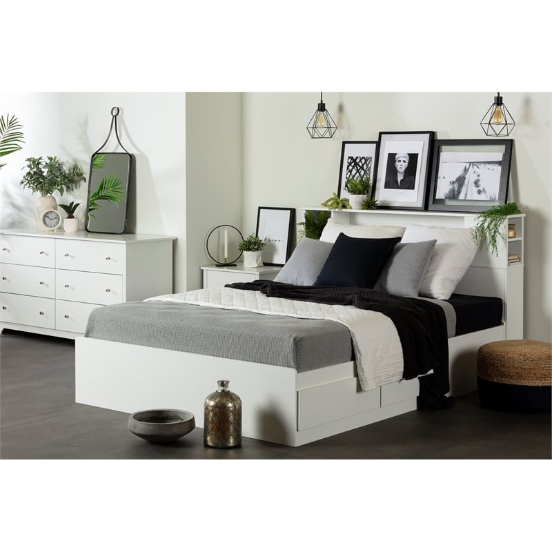 Queen Bookcase Headboard In White, Queen Size Platform Bed With Storage And Bookcase Headboard