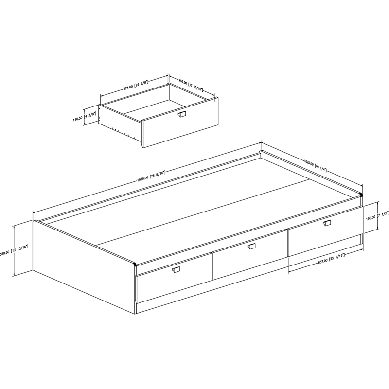 South Shore Spark Twin Mates Bed with Drawers in Pure Black