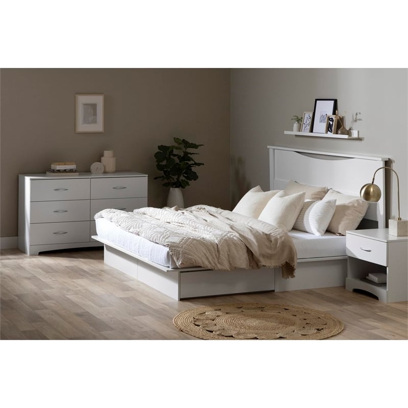 South Shore Step One King Platform Bed with Drawers in Pure White