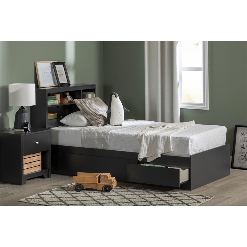 South Shore Vito Twin Mates Bed with 3 Drawers in Pure Black