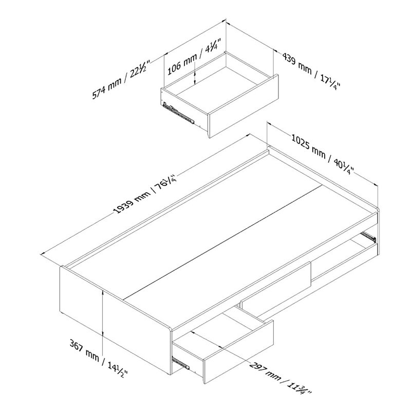 South Shore Logik Twin Mates Bed with 3 Drawers in Pure White