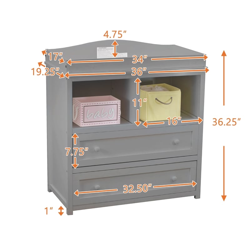 AFG Baby Furniture Leila Solid Wood 2-Drawers Changing Table in Gray