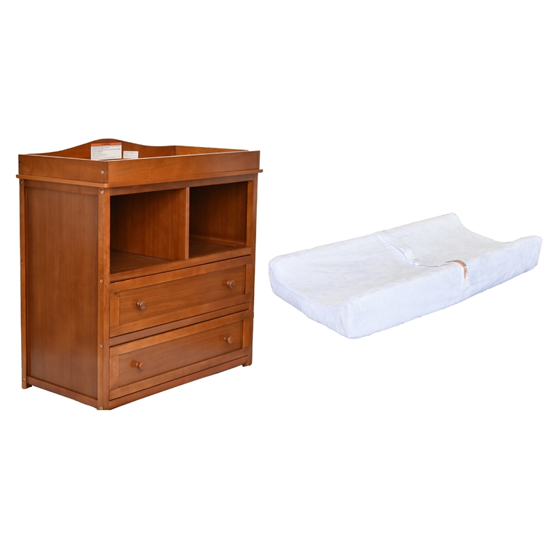 Leila 2-Drawer Changing Table with Contoured Changing Pad and Fabric Cover Pecan