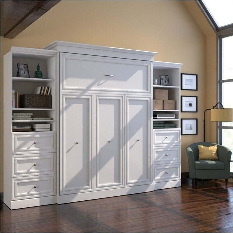 Catania Wood Queen Murphy Bed and 2 Organizers with Drawers in White