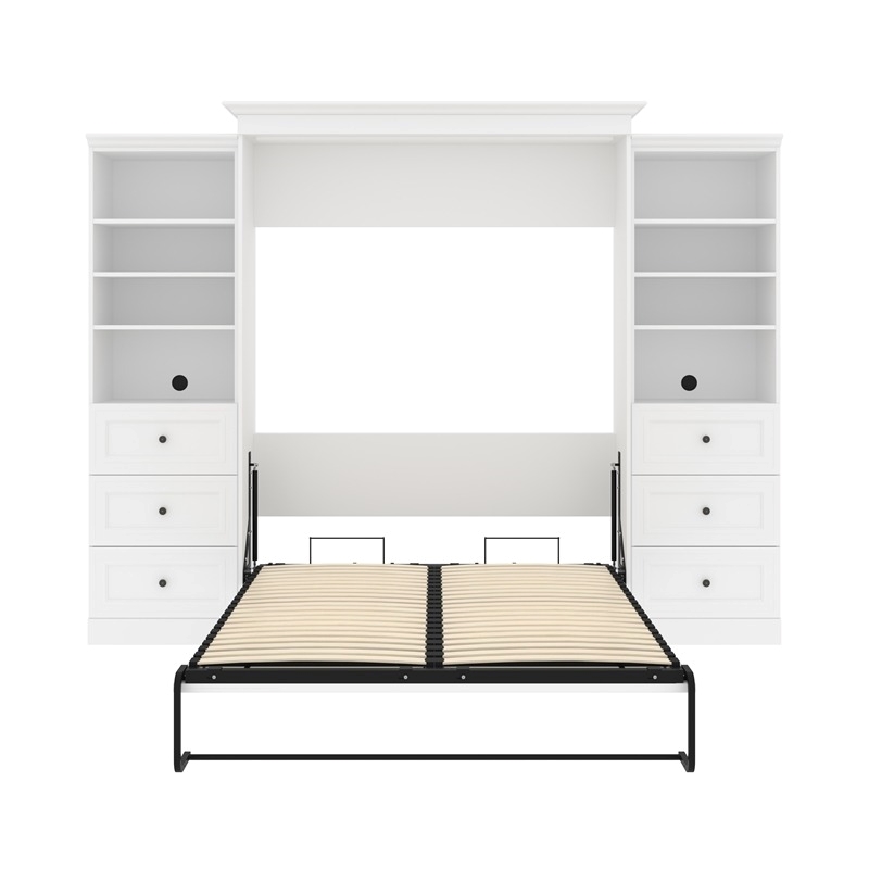 Catania Wood Queen Murphy Bed and 2 Organizers with Drawers in White