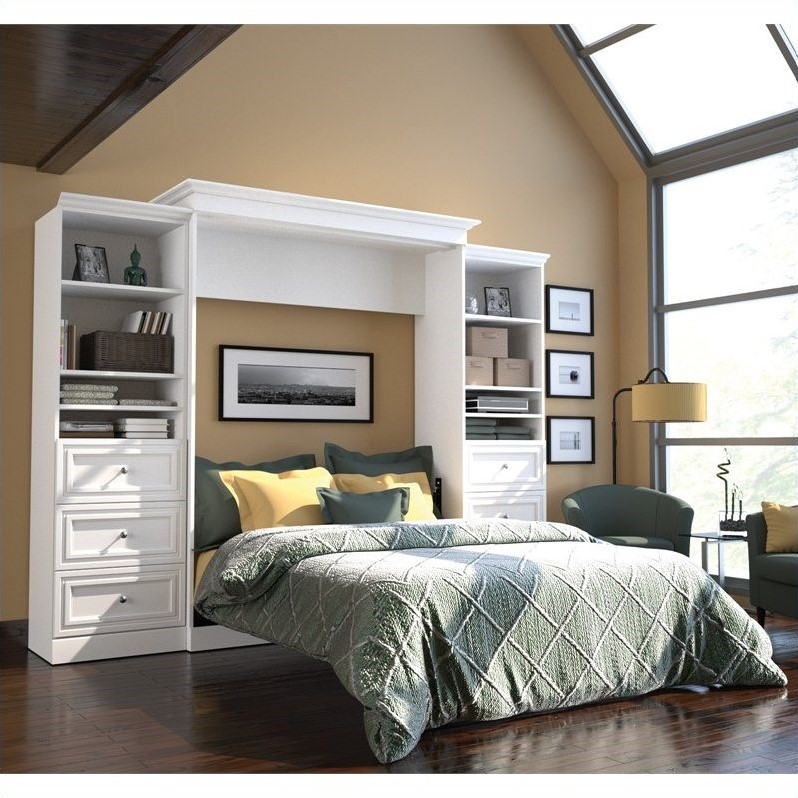 Catania Wood Queen Murphy Bed and 2 Organizers with Drawers in White