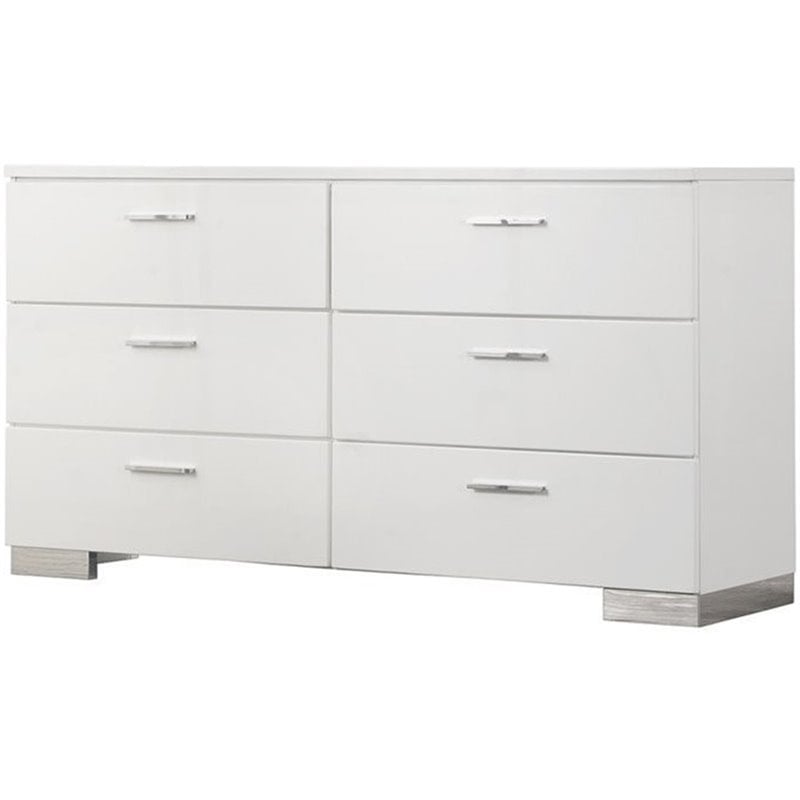 Catania 6-Drawer Contemporary Wood Dresser with Chrome Legs in Glossy White