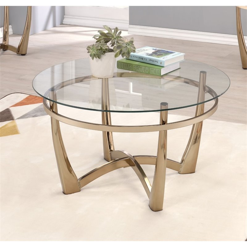 Catania Modern Round Glass Top Coffee Table in Champagne Finish