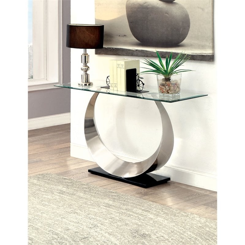 Catania Glass Top Console Table in Silver Finish Satin Plated