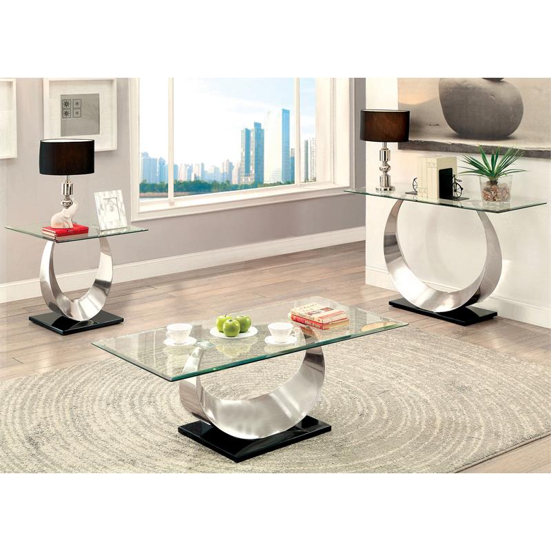 Catania Glass Top Console Table in Silver Finish Satin Plated