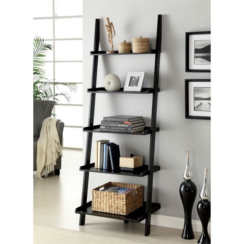 Catania Transitional Wood 5-Shelf Ladder Bookcase in Black Finish