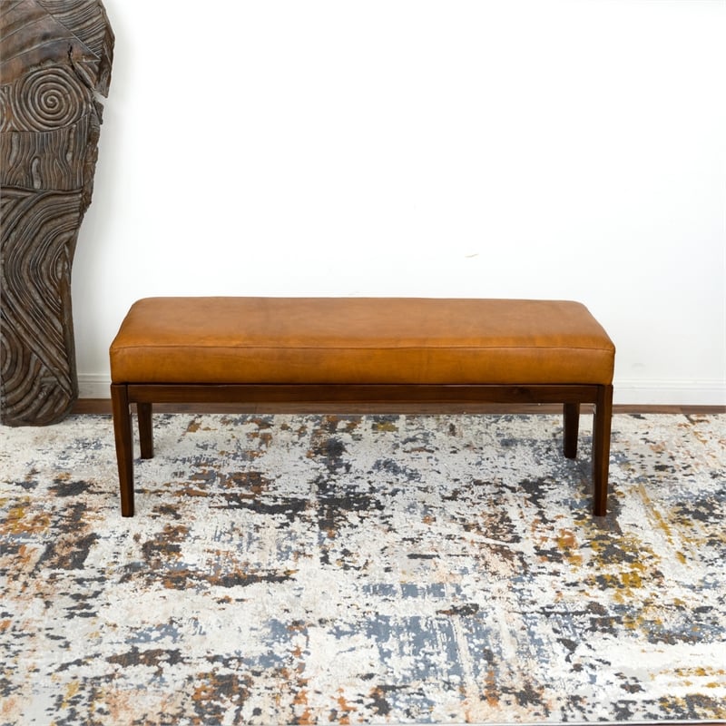 Catania Mid-Century Modern Rectangular Genuine Leather Bench in Tan