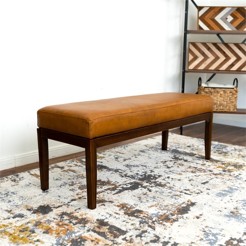 Catania Mid-Century Modern Rectangular Genuine Leather Bench in Tan