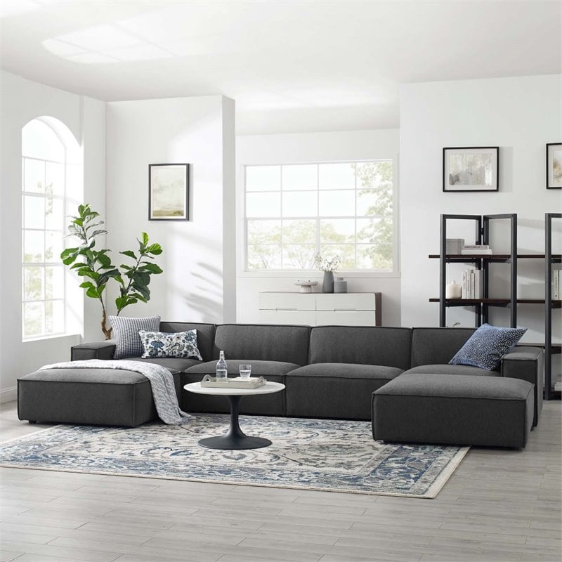 Catania 6 Piece Fabric Upholstered Modular Sectional Sofa in Charcoal