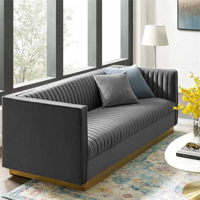 Catania Modern / Contemporary Vertical Channel Tufted Velvet Sofa in Gray