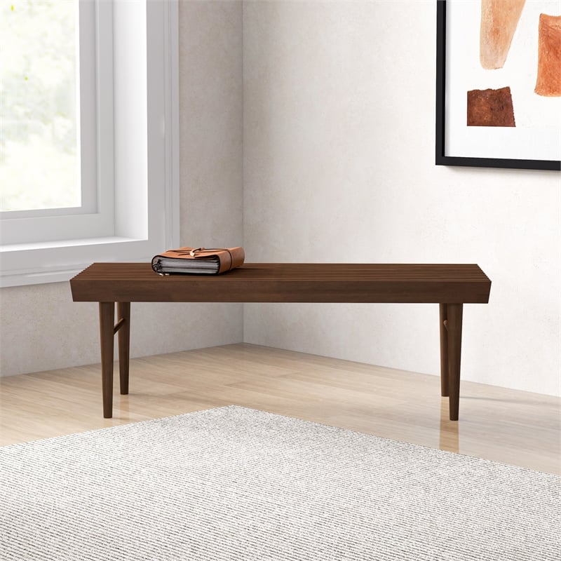 Catania Rectangular Solid Teak Wood Bench with Tapered Legs in Brown