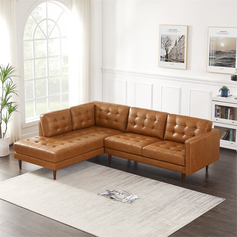 Catania Modern Living Room Top Leather Corner Sectional Couch in Cognac Tan