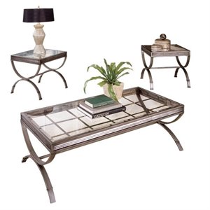 Catania Modern 3 Piece Coffee and End Table Set in Nickel metal and glass top