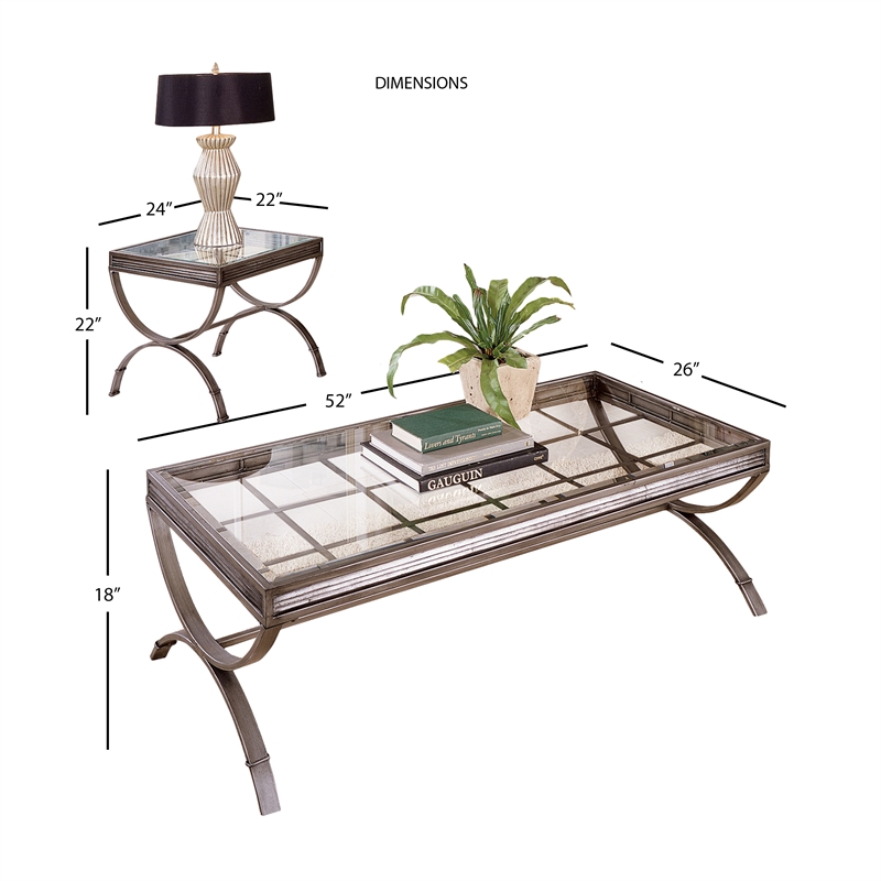 Catania Modern 3 Piece Coffee and End Table Set in Nickel metal and glass top