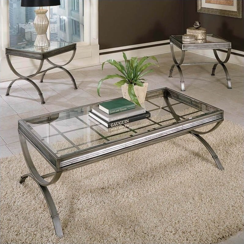 Catania Modern 3 Piece Coffee and End Table Set in Nickel metal and glass top