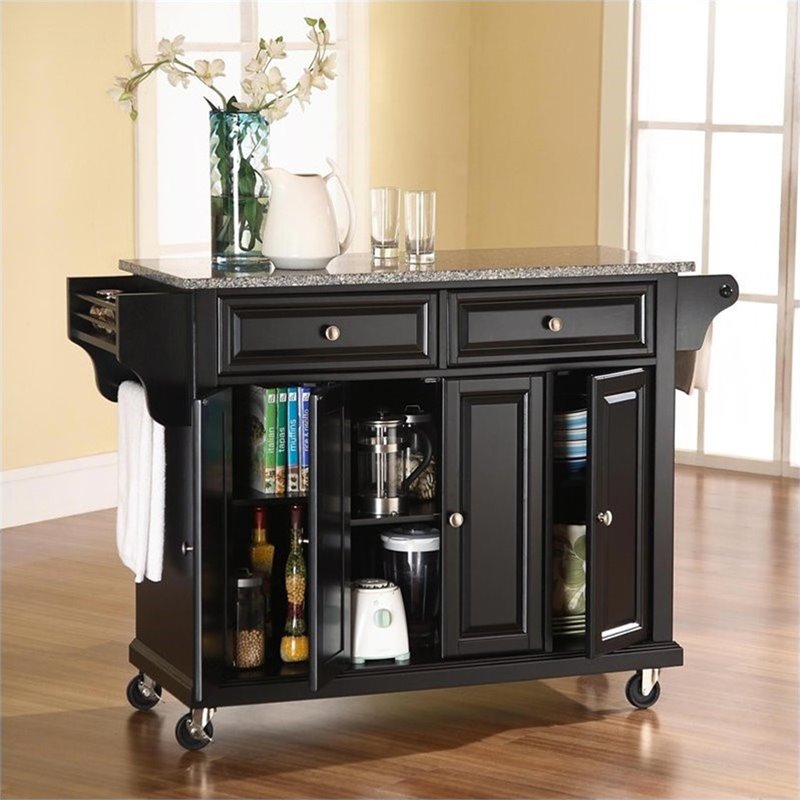 Catania Modern / Contemporary Gray Granite Top Kitchen Cart in Black