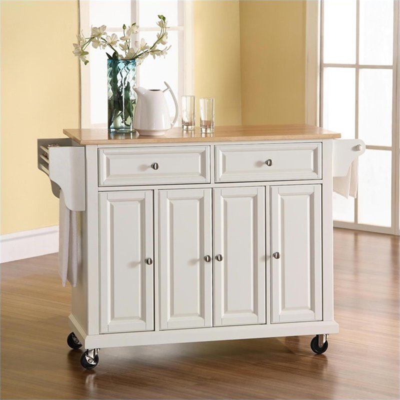 Catania Modern / Contemporary Natural Wood Top Kitchen Cart in White