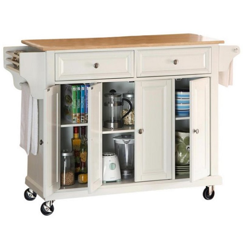 Catania Modern / Contemporary Natural Wood Top Kitchen Cart in White