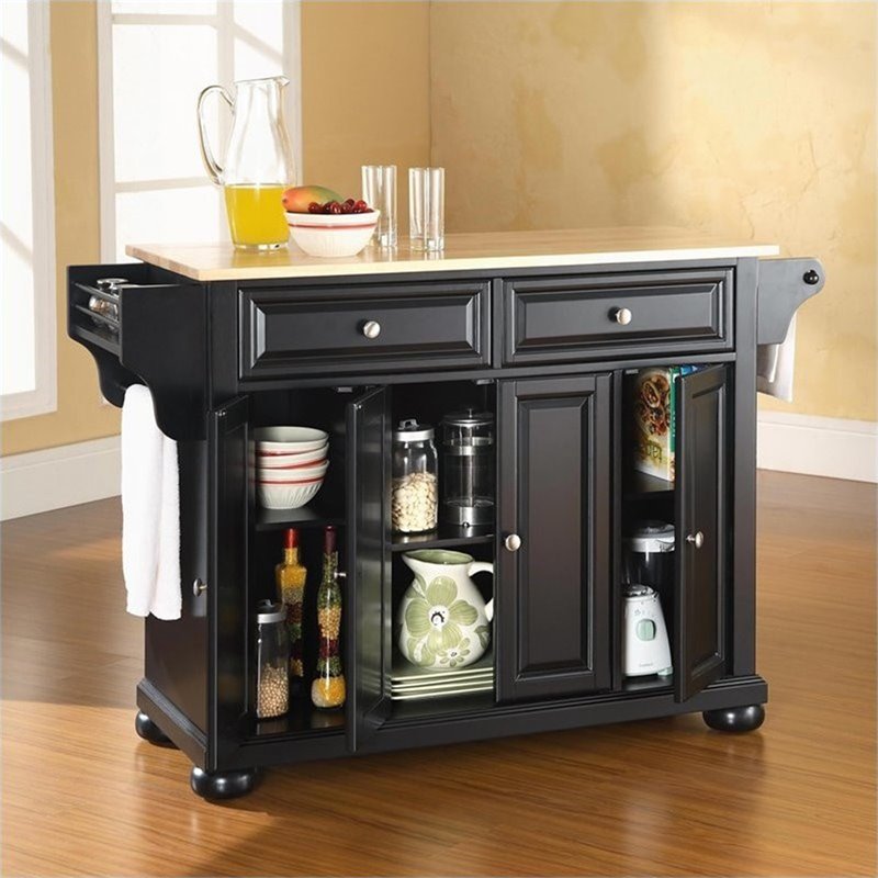 Catania Modern / Contemporary Natural Wood Top Kitchen Island in Black