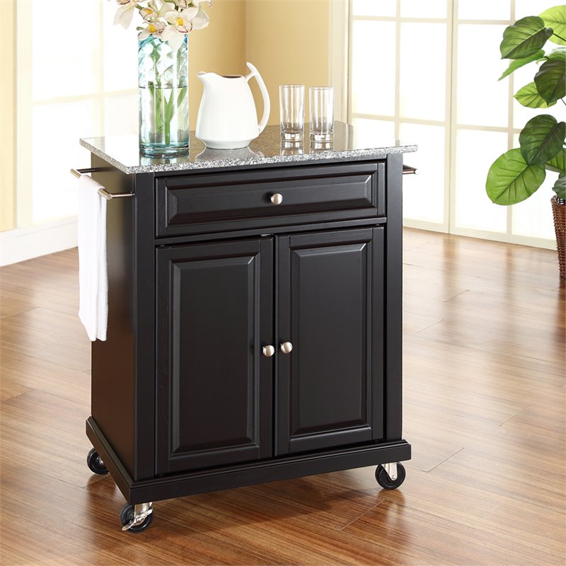 Catania Modern Gray Granite Top Portable Kitchen Cart in Black