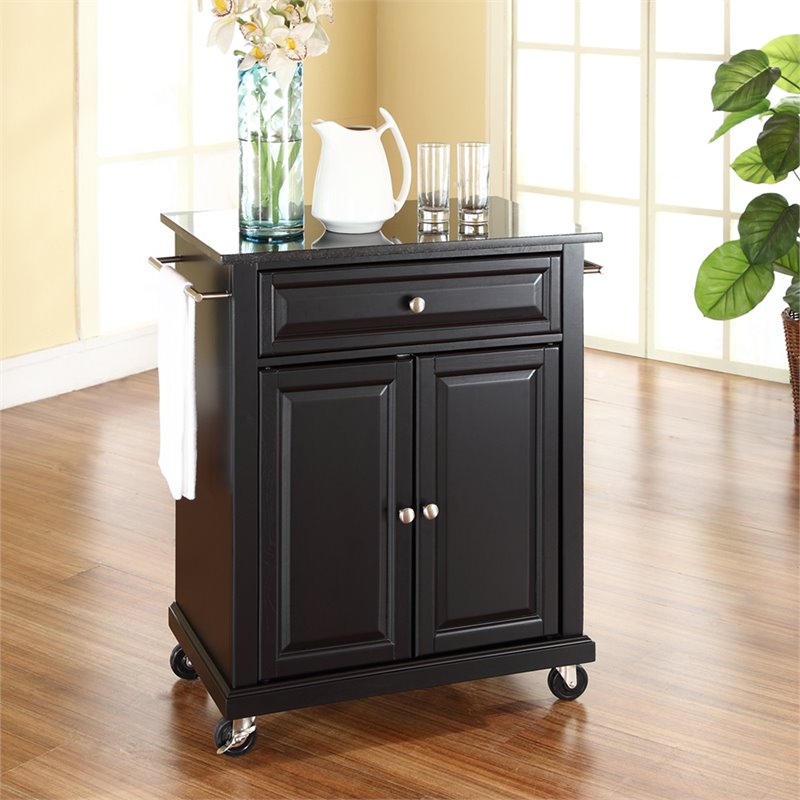 Catania Modern Black Granite Top Portable Kitchen Cart in Black