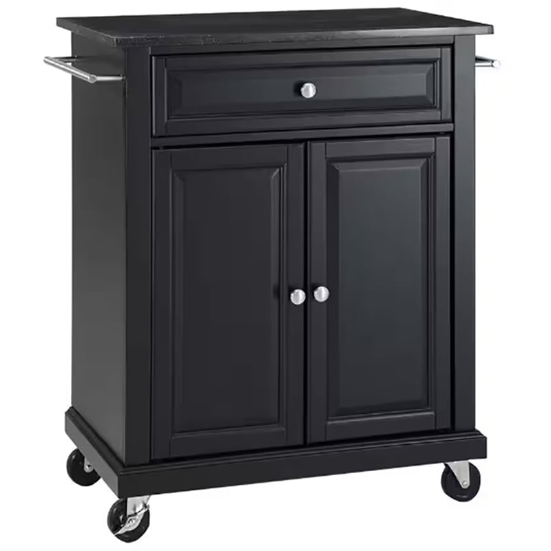 Catania Modern Black Granite Top Portable Kitchen Cart in Black