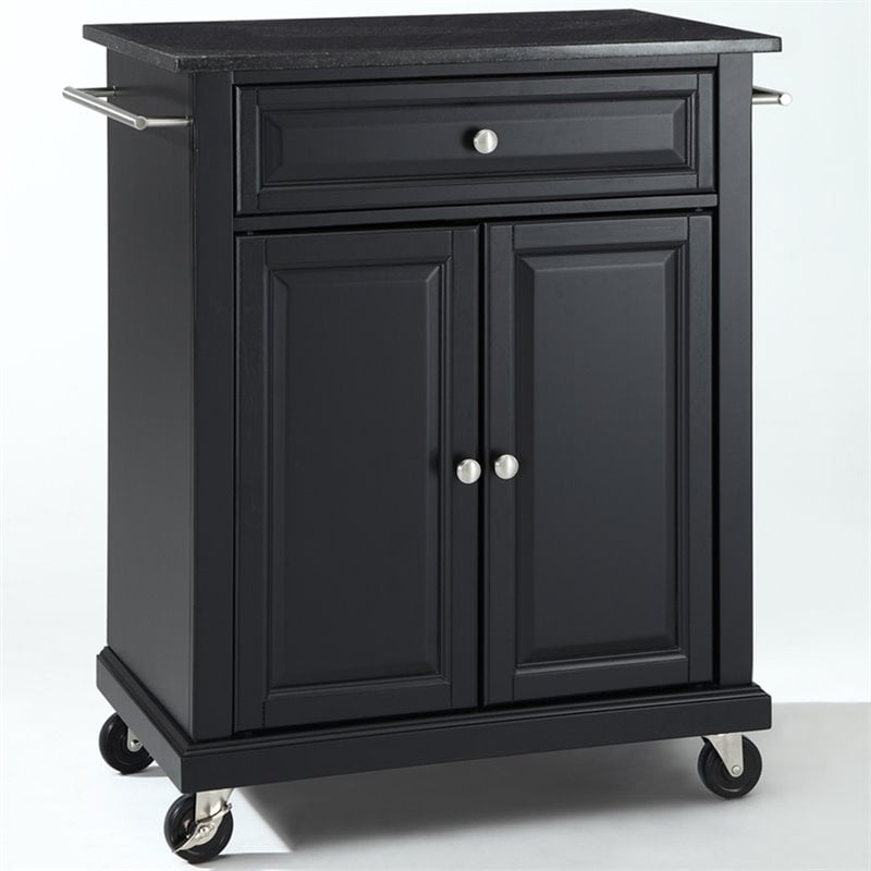 Catania Modern Black Granite Top Portable Kitchen Cart in Black