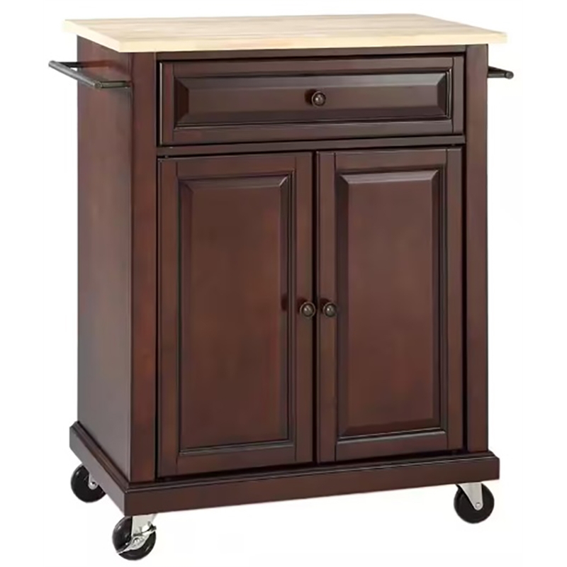 Catania Modern Natural Wood Top Portable Kitchen Cart in Mahogany