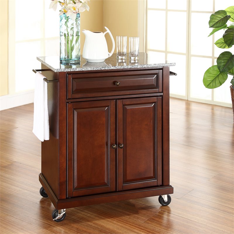 Catania Modern Gray Granite Top Portable Kitchen Cart in Mahogany