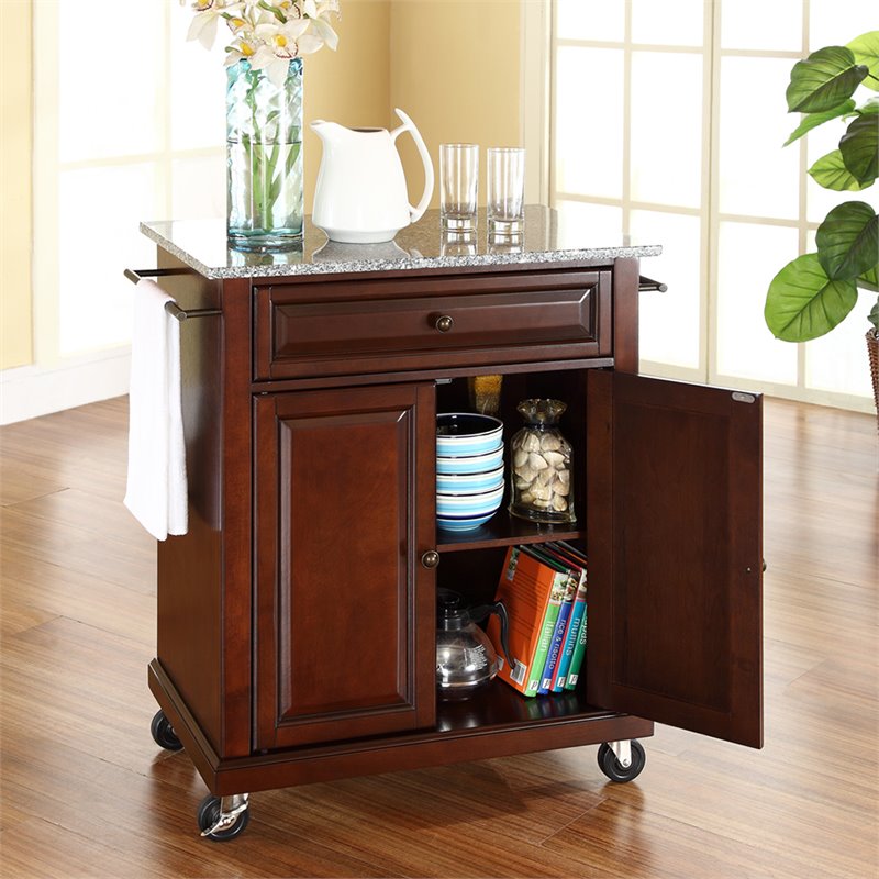 Catania Modern Gray Granite Top Portable Kitchen Cart in Mahogany