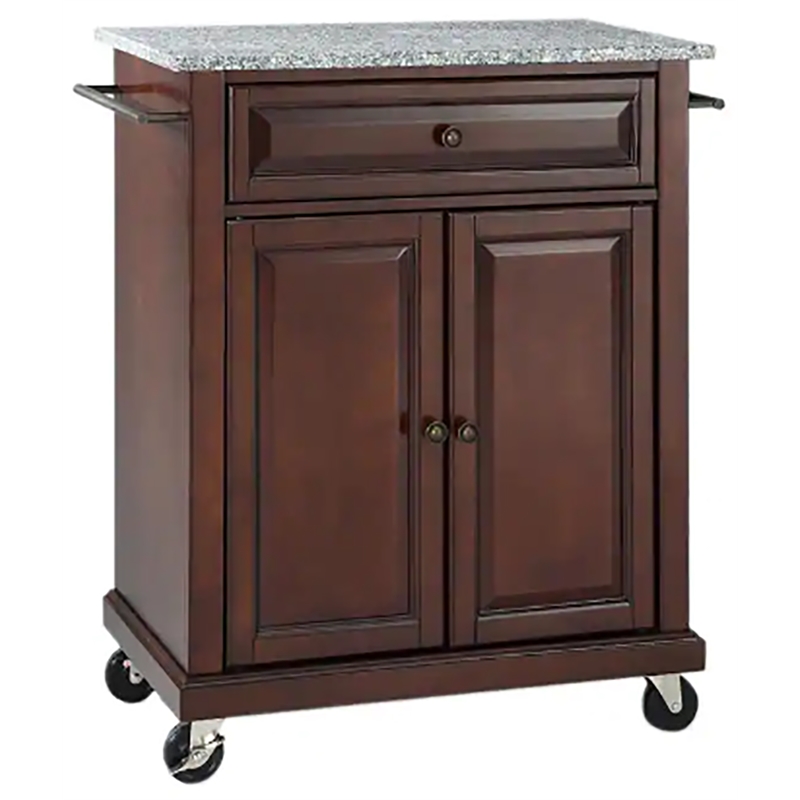 Catania Modern Gray Granite Top Portable Kitchen Cart in Mahogany
