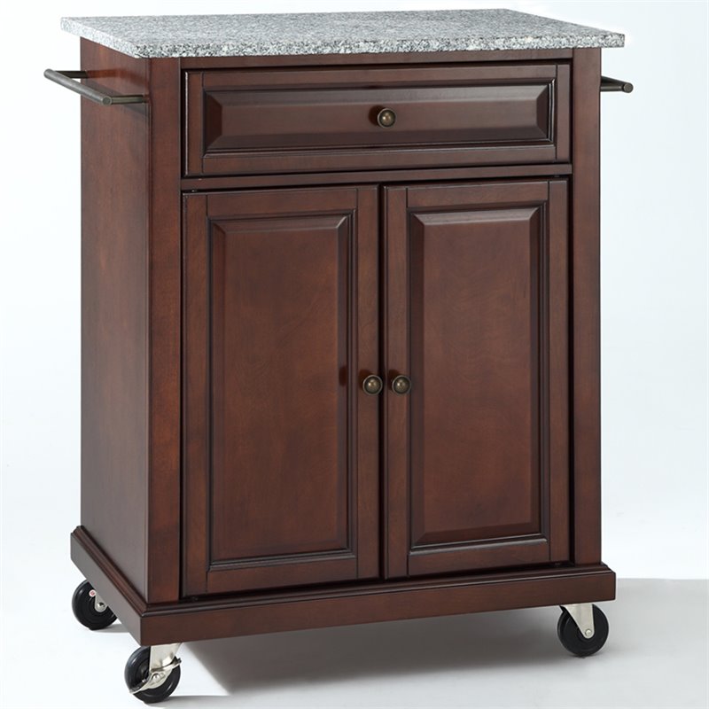 Catania Modern Gray Granite Top Portable Kitchen Cart in Mahogany