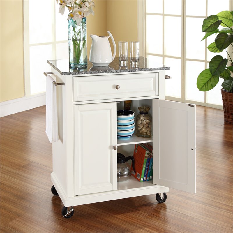 Catania Modern Gray Granite Top Portable Kitchen Cart in White