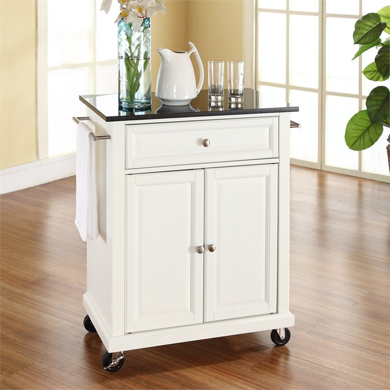 Catania Modern Black Granite Top Portable Kitchen Cart in White