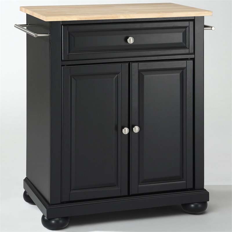 Catania Modern Natural Wood Top Portable Kitchen Island in Black