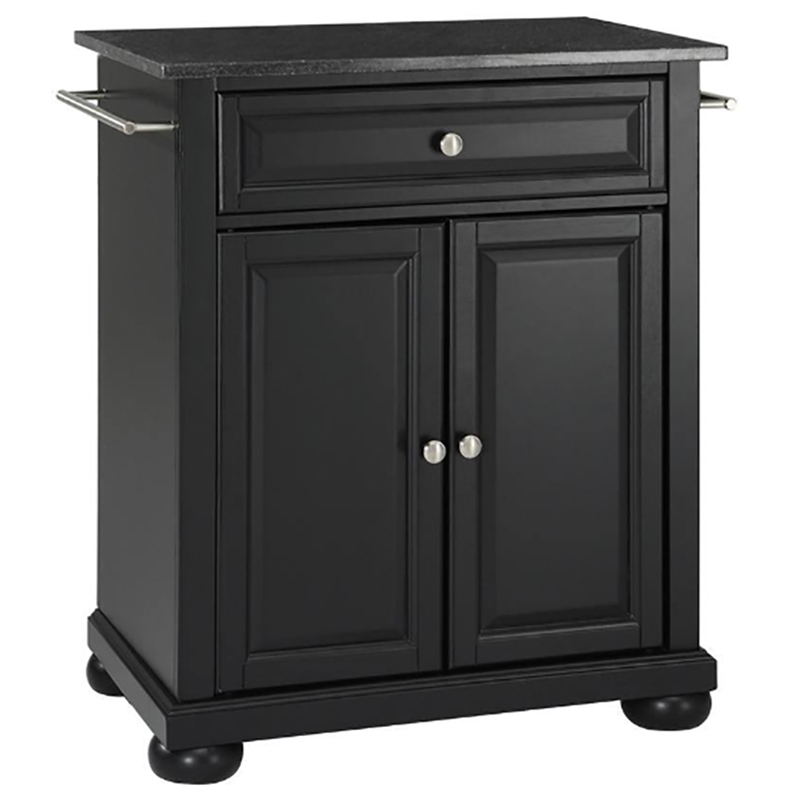 Catania Modern Black Granite Top Portable Kitchen Island in Black