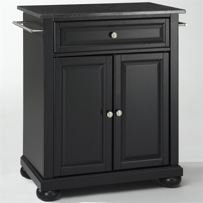 Catania Modern Black Granite Top Portable Kitchen Island in Black