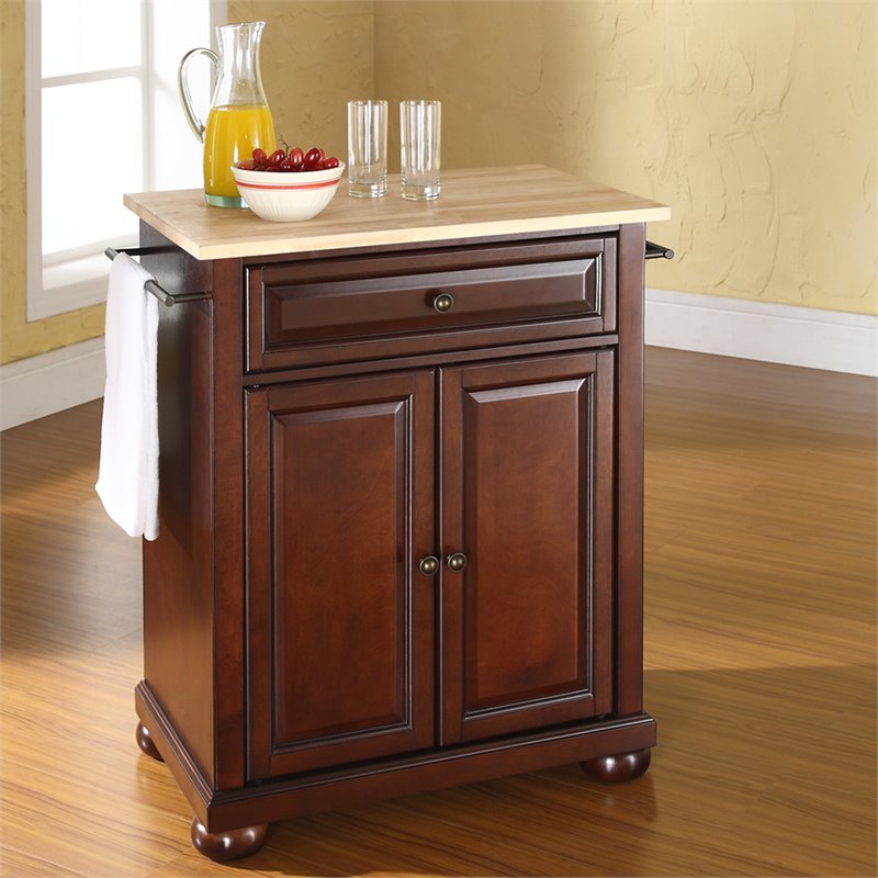Catania Modern Natural Wood Top Portable Kitchen Island in Mahogany