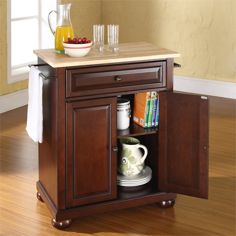 Catania Modern Natural Wood Top Portable Kitchen Island in Mahogany
