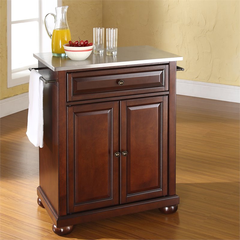 Catania Modern Stainless Steel Top Portable Kitchen Island in Mahogany